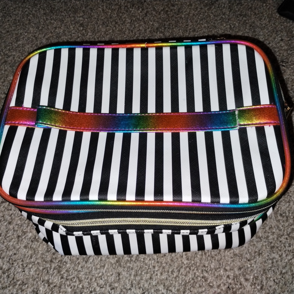 Striped Makeup Bag with Rainbow Trim